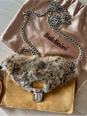 Baldinini Tan Suede Crossbody with Brown Fur Flap & Silver Chain